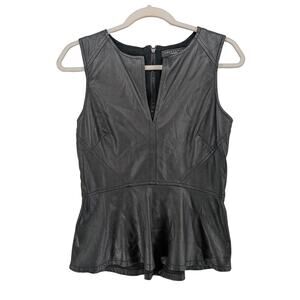 Sanctuary Ponte Peplum Top‎ XS Black Faux Leather Sleeveless Split Neck Blouse